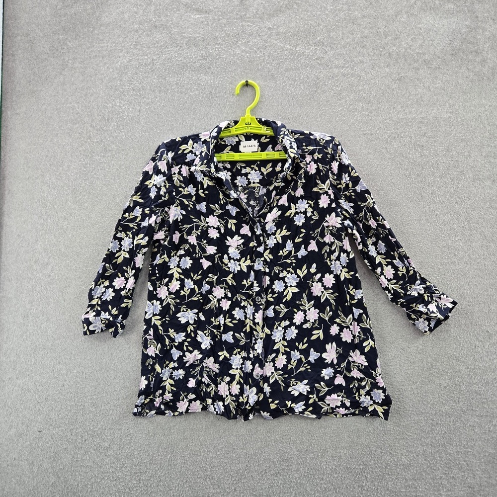 J. Jill Women Button Up Shirt M Navy Floral Collared Front
